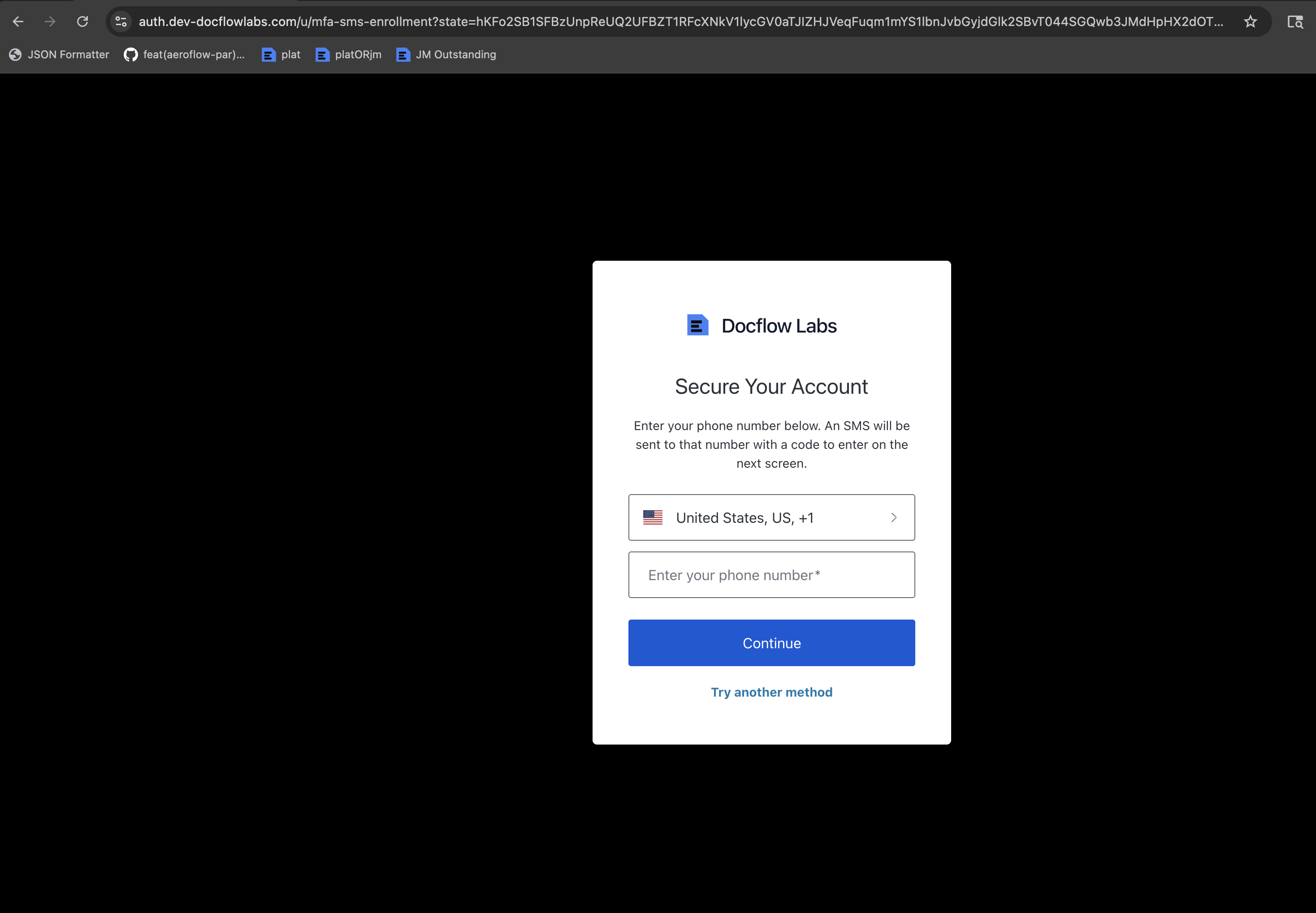 Docflow "Secure Your Account" screen with a country selector and a phone-number field, disclosing that an SMS with a verification code will be sent.